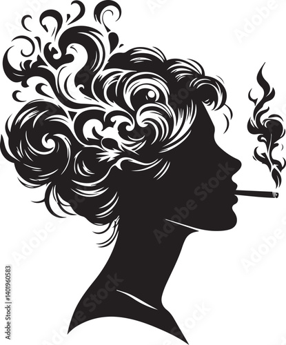 woman smoking head illustration, woman smoking cigarette, shaking head silhouette vector isolated on white background