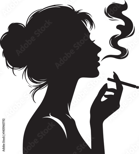 woman smoking head illustration, woman smoking cigarette, shaking head silhouette vector isolated on white background