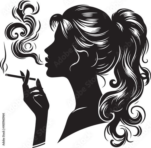 woman smoking head illustration, woman smoking cigarette, shaking head silhouette vector isolated on white background
