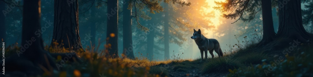 Lone wolf standing at forest edge, standing, landscape Lone wolf standing at forest edge, standing, landscape