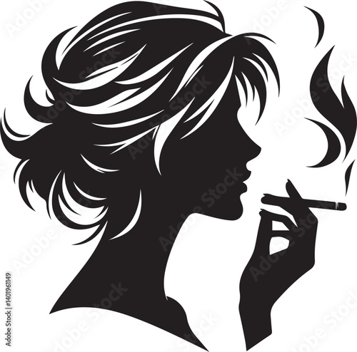 woman smoking head illustration, woman smoking cigarette, shaking head silhouette vector isolated on white background