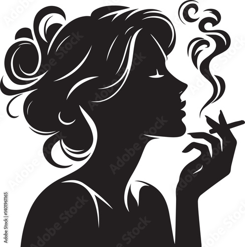 woman smoking head illustration, woman smoking cigarette, shaking head silhouette vector isolated on white background