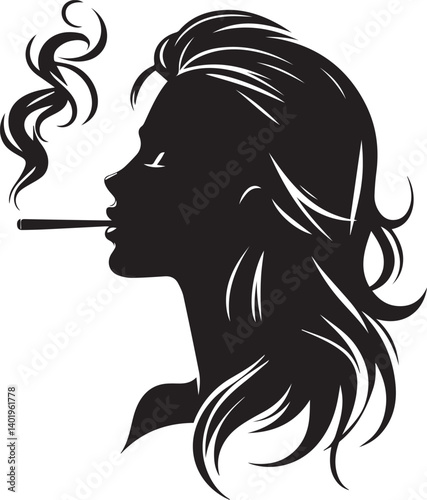 woman smoking head illustration, woman smoking cigarette, shaking head silhouette vector isolated on white background