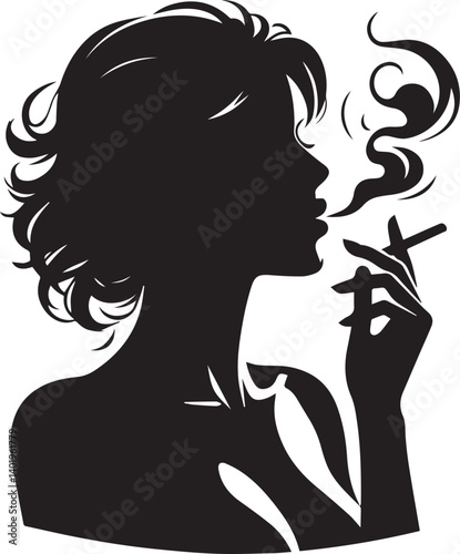 woman smoking head illustration, woman smoking cigarette, shaking head silhouette vector isolated on white background
