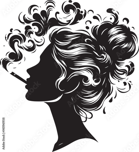 woman smoking head illustration, woman smoking cigarette, shaking head silhouette vector isolated on white background