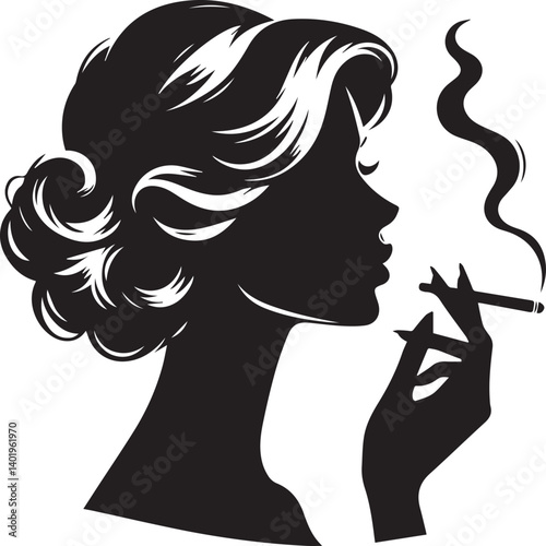 woman smoking head illustration, woman smoking cigarette, shaking head silhouette vector isolated on white background