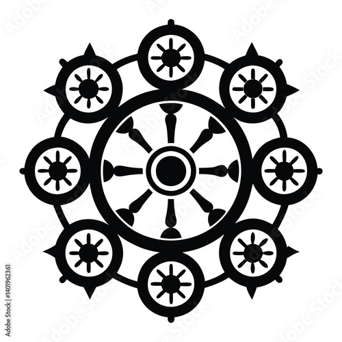 Dharmachakra icons of silhouette black shape vector illustration isolated on white background 