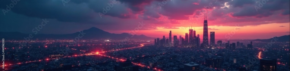 Fototapeta premium Dark grey to charcoal gradient background with a futuristic cityscape at dusk, charcoal, contemporary, dark grey