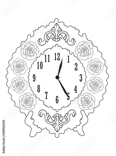 Black and white vintage clock illustration for coloring books. Retro timepiece drawing, ideal for adult coloring pages and printable creative activities.