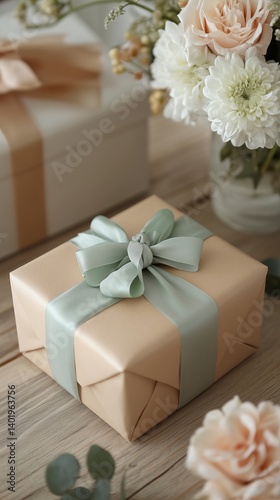 Beautifully wrapped gift with pastel ribbon and flowers on a wooden table in a cozy setting