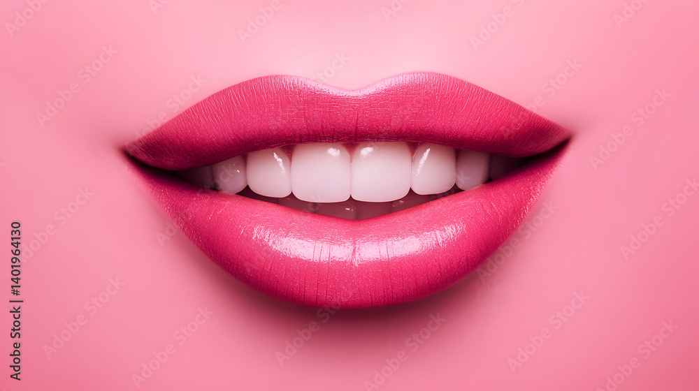 Obraz premium Rosy Smile: A close-up of perfectly shaped, glossy, full lips and bright teeth against a soft pink backdrop. Expressing a sense of beauty and self-care.