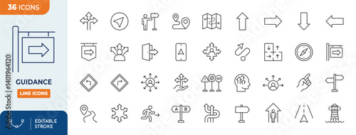 Guidance line editable icon set. Contains icons related to guidance, direction, and more. Editable stroke. Vector illustration