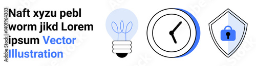 Lightbulb with sprouts, analog clock, and shield with lock representing creativity, time management, and data protection. Ideal for innovation, safety, productivity, technology security planning