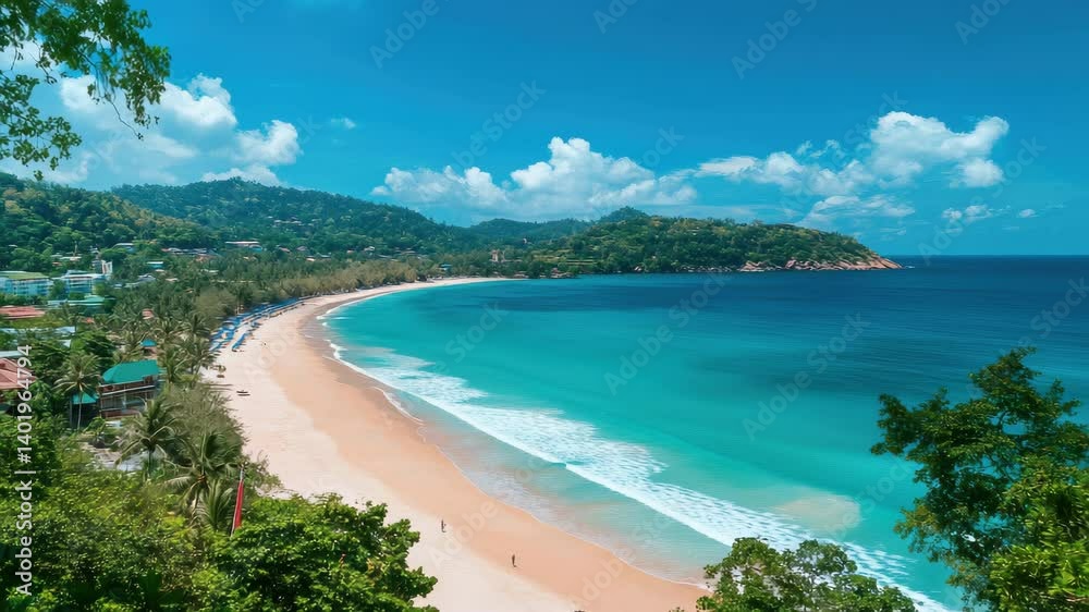 Serene Coastal Beach with Turquoise Waters and Lush Greenery Serene Coastal Beach with Turquoise Waters and Lush Greenery