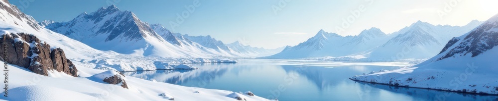 Snow-covered planet landscape with frosty mountains and a frozen lake, space winter, planetary snow Snow-covered planet landscape with frosty mountains and a frozen lake, space winter, planetary snow