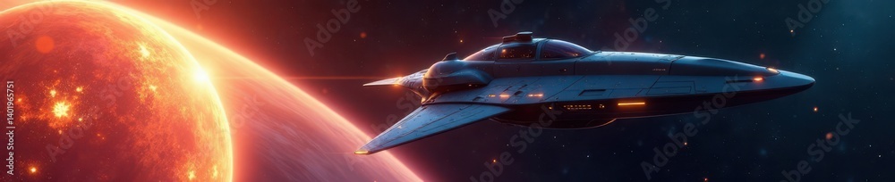 sleek, metallic spacecraft in orbit around a distant planet, orbit, stars