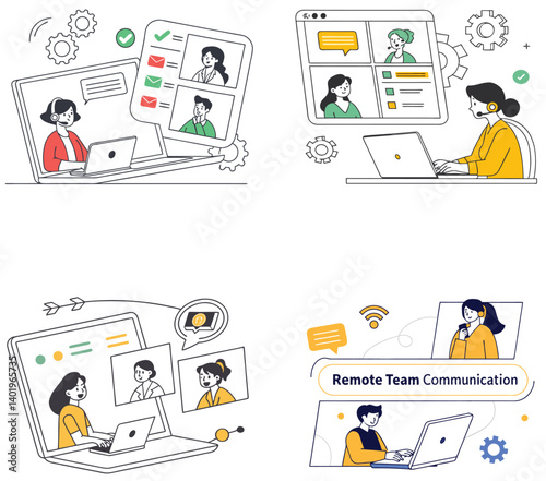 Flat Illustration of People Working on Laptops in Remote and Home Office Settings.