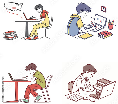 Flat Illustration of People Working on Laptops in Remote and Home Office Settings.