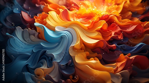 A 3D abstract art piece with swirling, fluid shapes in vibrant colors,
