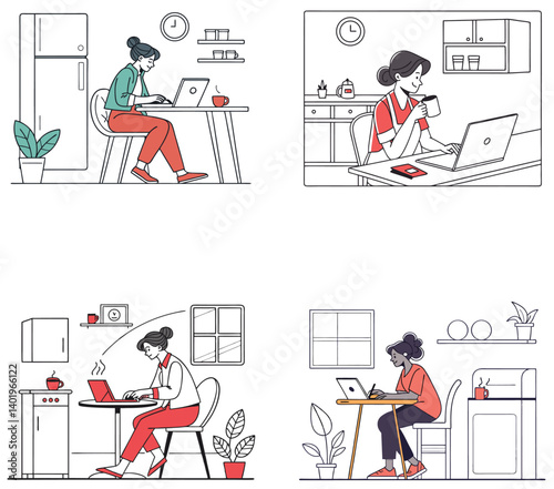 Flat Illustration of People Working on Laptops in Remote and Home Office Settings.