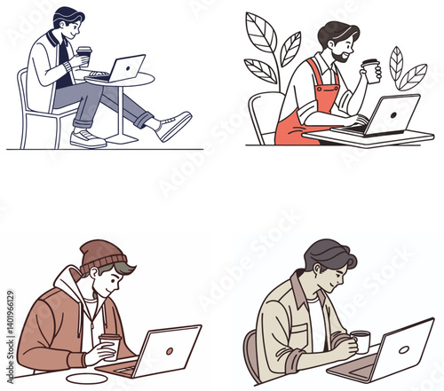Flat Illustration of People Working on Laptops in Remote and Home Office Settings.