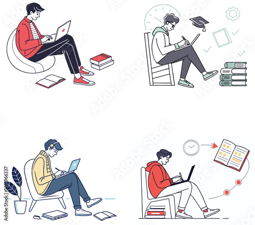 Flat Illustration of People Working on Laptops in Remote and Home Office Settings.