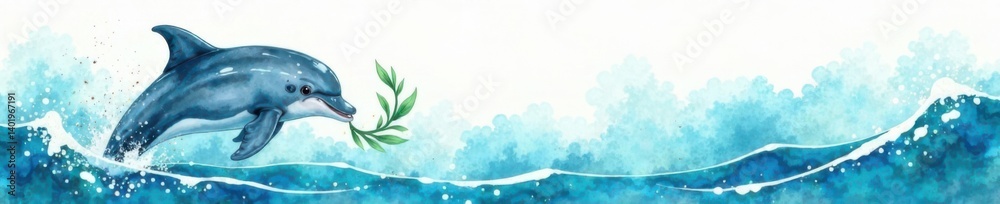Naklejka premium Watercolor drawing of a happy dolphin playing with seaweed in the ocean, seaweed, marine life