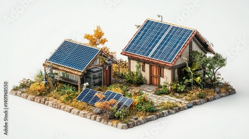 Idyllic Off Grid Eco Friendly Solar Powered Cottage Surrounded by Lush Countryside Landscape Cozy and charming residential building with solar panels on the roof