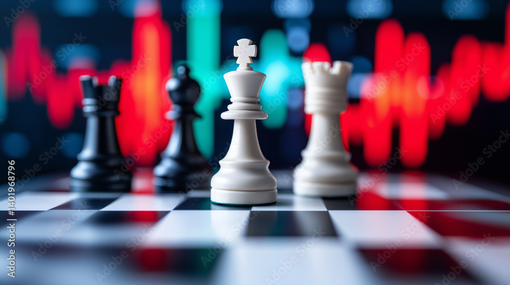 custom made wallpaper toronto digitalChess pieces on a board with fluctuating financial graphs in the background, symbolizing strategic decision-making in economics.
