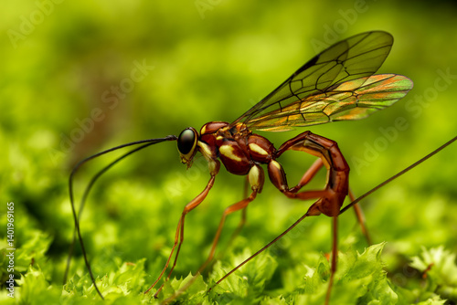 A parasitic wasp on some green moss in macro detail