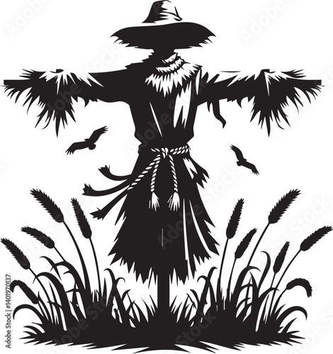 scarecrow illustration, scarecrow vector, scarecrow silhouette vector isolated on white background
