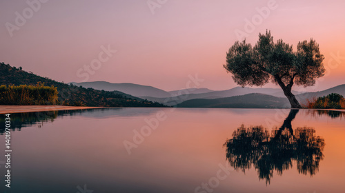 A still water pool under an orange dusk sky, large tree silhouette reaching into the clouds, soft lavender light casting across ripples