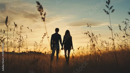 Couple silhouetted at sunset in a field