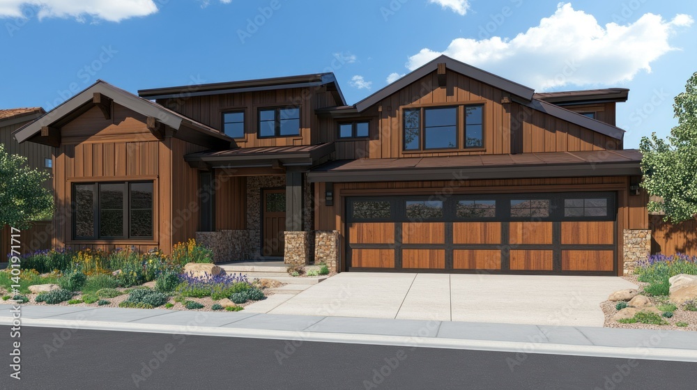 A modern residential house with a wooden exterior on a sunny day A modern residential house with a wooden exterior on a sunny day