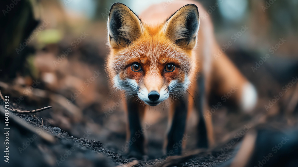 Naklejka premium A curious red fox stands alert on a forest floor, gazing directly into the camera. 