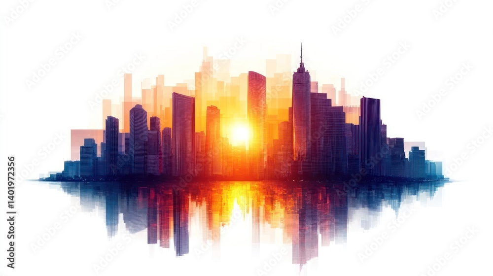 Obraz premium Vibrant cityscape reflecting the stunning sunset skyline with a striking display of high rise skyscrapers and modern architectural wonders