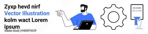 Man pointing while working on laptop with gearwheel and code screen. Ideal for technology, coding, teamwork, problem-solving, innovation, software development, flat landing page banner