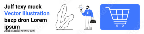 Professional holding a lightbulb next to a plant and shopping cart, representing ideas, innovation, and retail. Ideal for business, technology, e-commerce, creativity, startups marketing simple