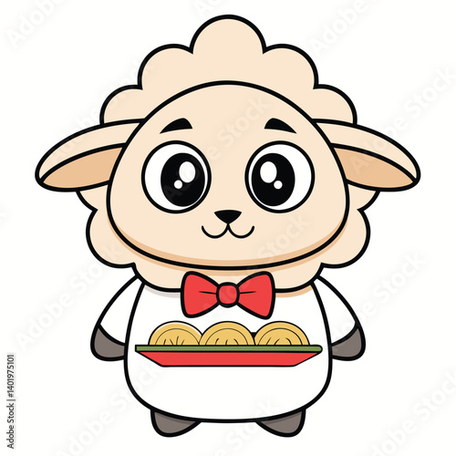 Cute sheep waiter with food tray