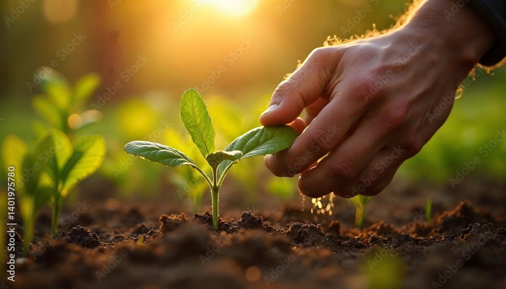 Fototapeta premium Hand nurturing a young plant, a symbol of growth and hope.
