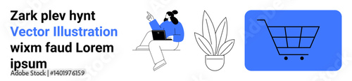 Woman working on a laptop, potted plant beside her, and shopping cart icon. Ideal for e-commerce, marketing, technology, innovation, productivity, remote work flat landing page banner