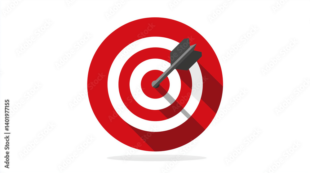 Flat icon of a dart hitting a target board isolated on white background for goal setting and success concepts Flat icon of a dart hitting a target board isolated on white background for goal setting and success concepts
