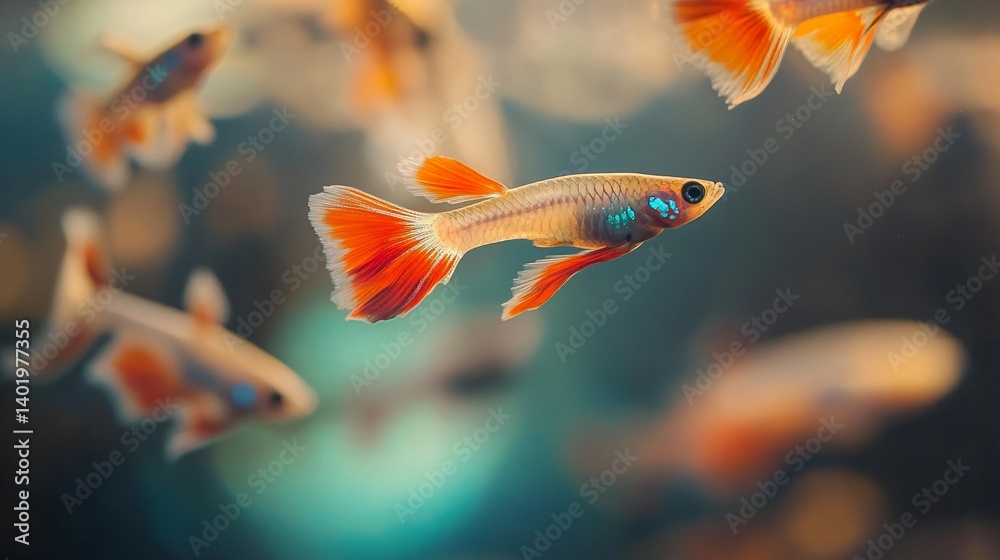 Obraz premium Orange guppies swimming aquarium tank, blurred background, pet shop