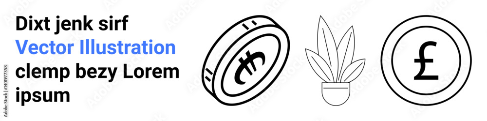 Cryptocurrency coin with blockchain logo, potted plant, and stylized pound sign coin. Ideal for finance, crypto, investment, blockchain, digital economy eco-awareness modern tech. Flat landing page Cryptocurrency coin with blockchain logo, potted plant, and stylized pound sign coin. Ideal for finance, crypto, investment, blockchain, digital economy eco-awareness modern tech. Flat landing page