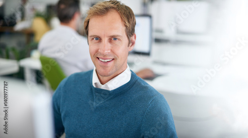 Portrait, businessman and computer in modern office for coding, web development and programming. Male person, software and pride at desk for engineering, technology and data processing for company