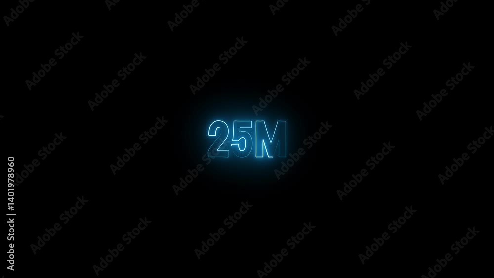 25 Million achievement for social media videos. Neon 25M text animation on black background. 25 Million achievement for social media videos. Neon 25M text animation on black background.