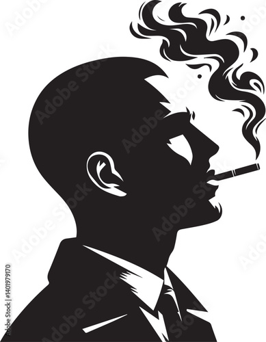young male smoking head illustration, man smoking cigarette, young male smoking head  silhouette vector isolated on white background