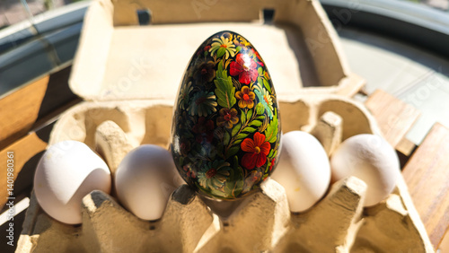 Fotografía Hand painted vintage easter egg on wood with other eggs