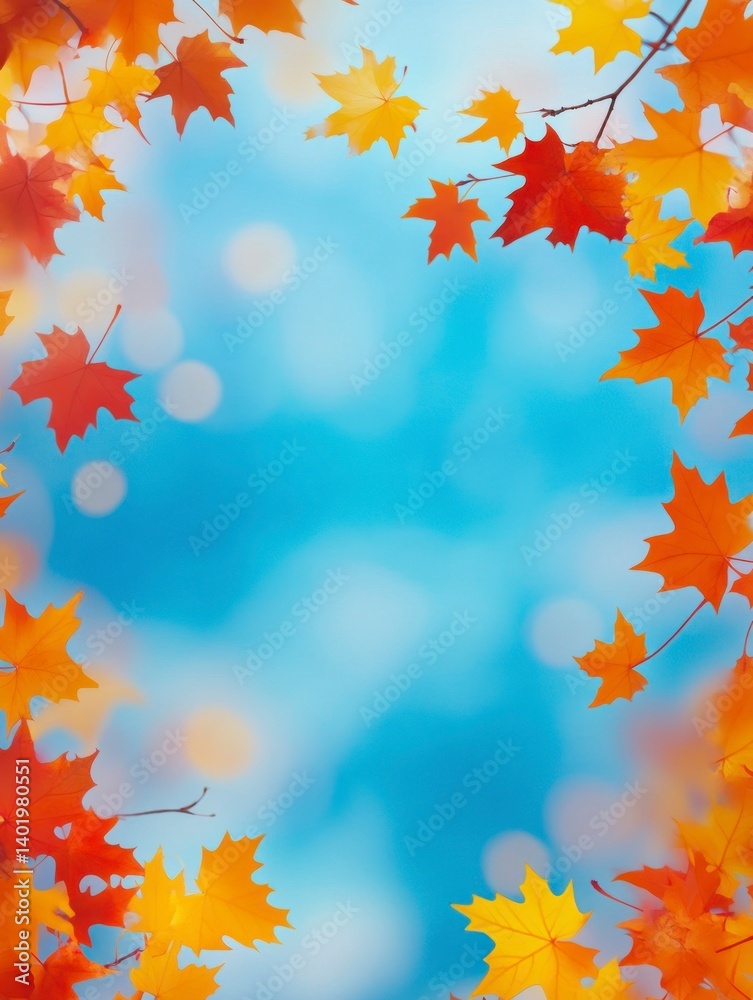 Colorful Autumn Leaves Frame with Blue Bokeh Background for Seasonal Designs Colorful Autumn Leaves Frame with Blue Bokeh Background for Seasonal Designs