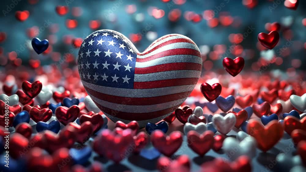 Textured Heart in American Flag Colors Centered in a Floating Array of Red Miniature Hearts. 4th of July, Independence Day greeting card background New banner.